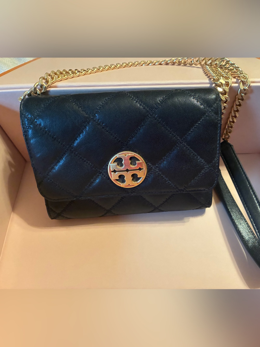 Tory Burch Black Quilted Leather Chain Wallet Crossbody with Gold Logo